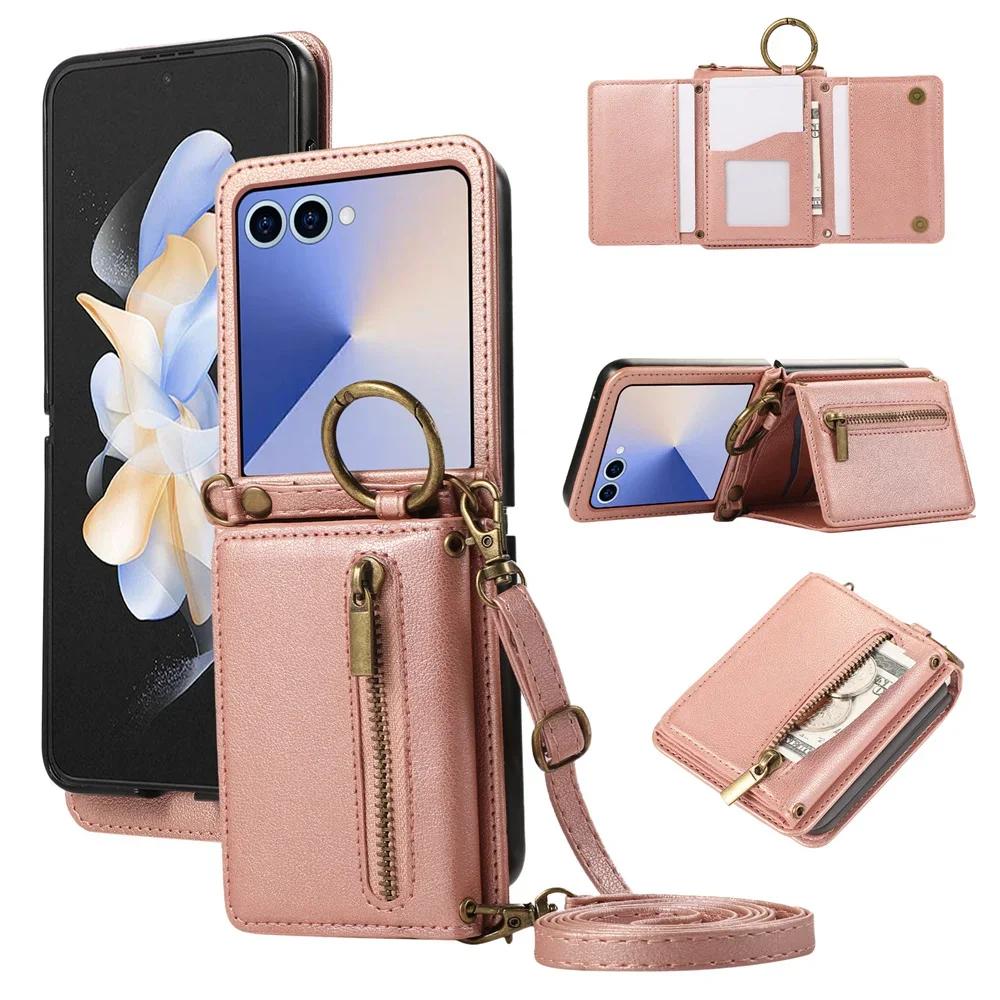 

Leather Phone Case with Crossbody Ring and Card Holder for Samsung Galaxy Z Flip 7 6 5 4 3 Flip7 FE Flip6 5G Protective Cover Galaxy Z Flip4 рожевий колір золота