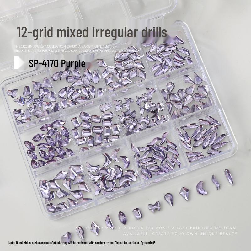 Nail Art Kit: 12-Grid Irregular Flat Back Rhinestones in Mixed Colors and Shapes