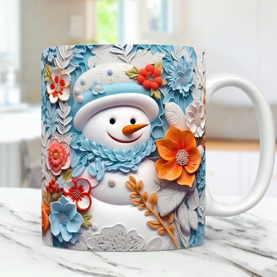 3D Christmas Ceramic Coffee Mug Tea Cup Snowman Flower Snowflake 301-400ml