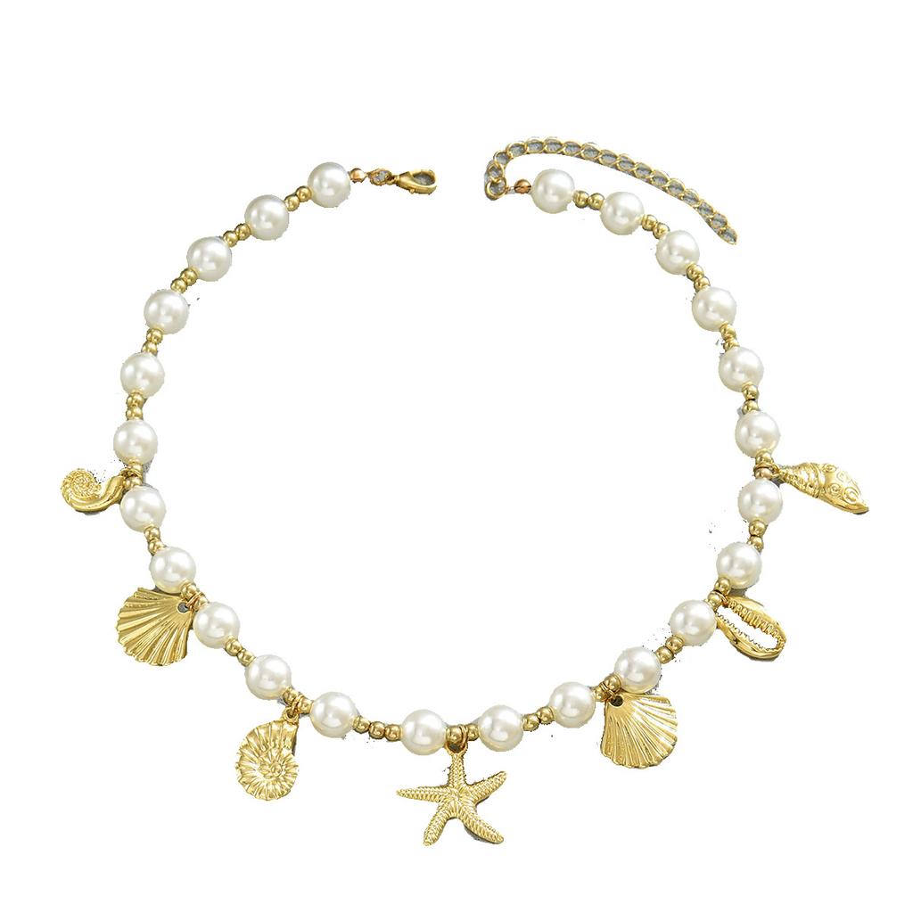 New Ocean Wind Ladies Pearl Necklace Niche Starfish Shell Metal Design Pendant Chain Versatile Necklace