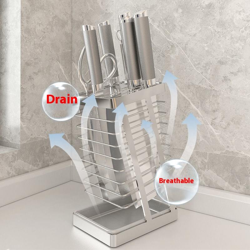 304 Stainless Steel Kitchen Knife Holder Utility Knife Rack Countertop Organizer with Drip Tray for Chef Rust-Proof Organizer