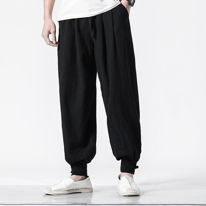 Loose Cotton-Linen Monk Pants with Hem - Lay Buddhist Meditation Wear for Spring and Summer
