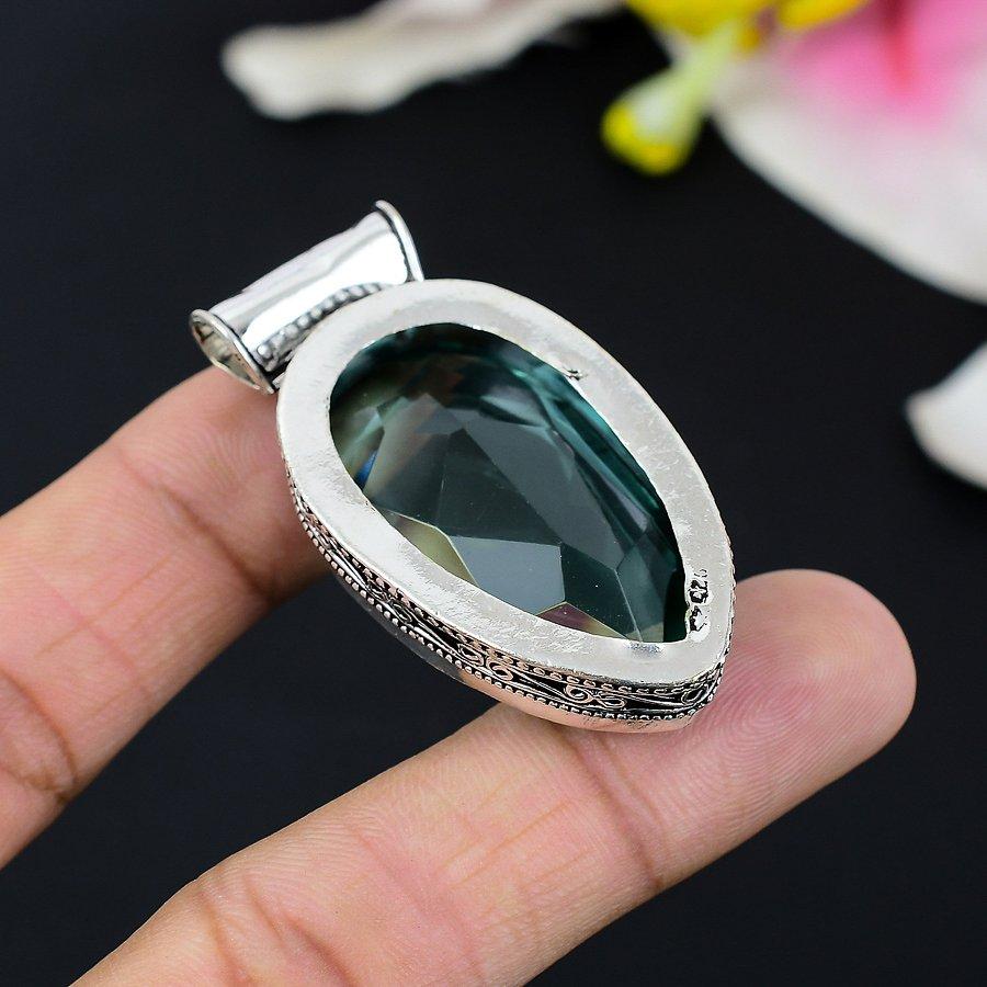 Aqua Apatite Gemstone Handmade 925 Sterling Silver Jewelry Pendant 2.56" KG-108