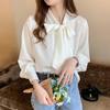 Korean Loose Tops Spring Satin Chiffon Blouse Women White Office Lady Clothes with Bow Blue Long Sleeve Shirt