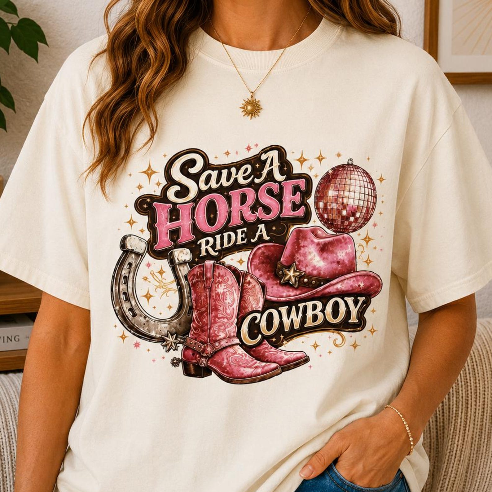 Save A Horse Ride A Cowboy Shirt, Cowgirl Graphic Tee, Western Country Shirt, Nashville Outfit, Pink Cowboy Boots T Shirt, Rodeo Tee M