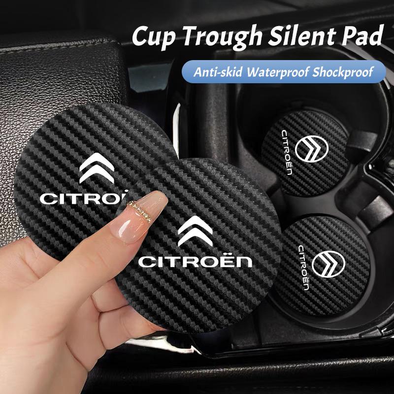 AGN4 2Pcs Car Emblem Cup Trough Mat Carbon Fiber Leather Cup Pad For Citroen C3 C5 AIRCROSS C5X C4 Cactus PICASSO e-C3 C1 C-Crosser