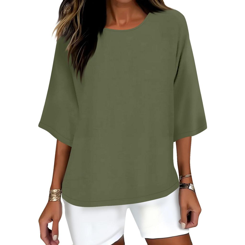 Women's Fashion Solid Color Casual T-Shirt Seven Sleeve Round Neck Cotton Top