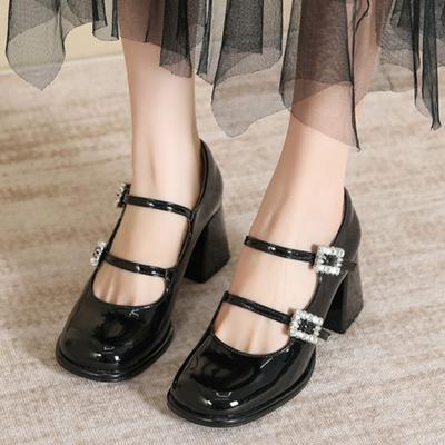 2025 Ultimate Foreign Style One-word Buckle French Mary Jane High Heels Women's Small Size Square Head Thick Heel Widened Large Size Single Shoes