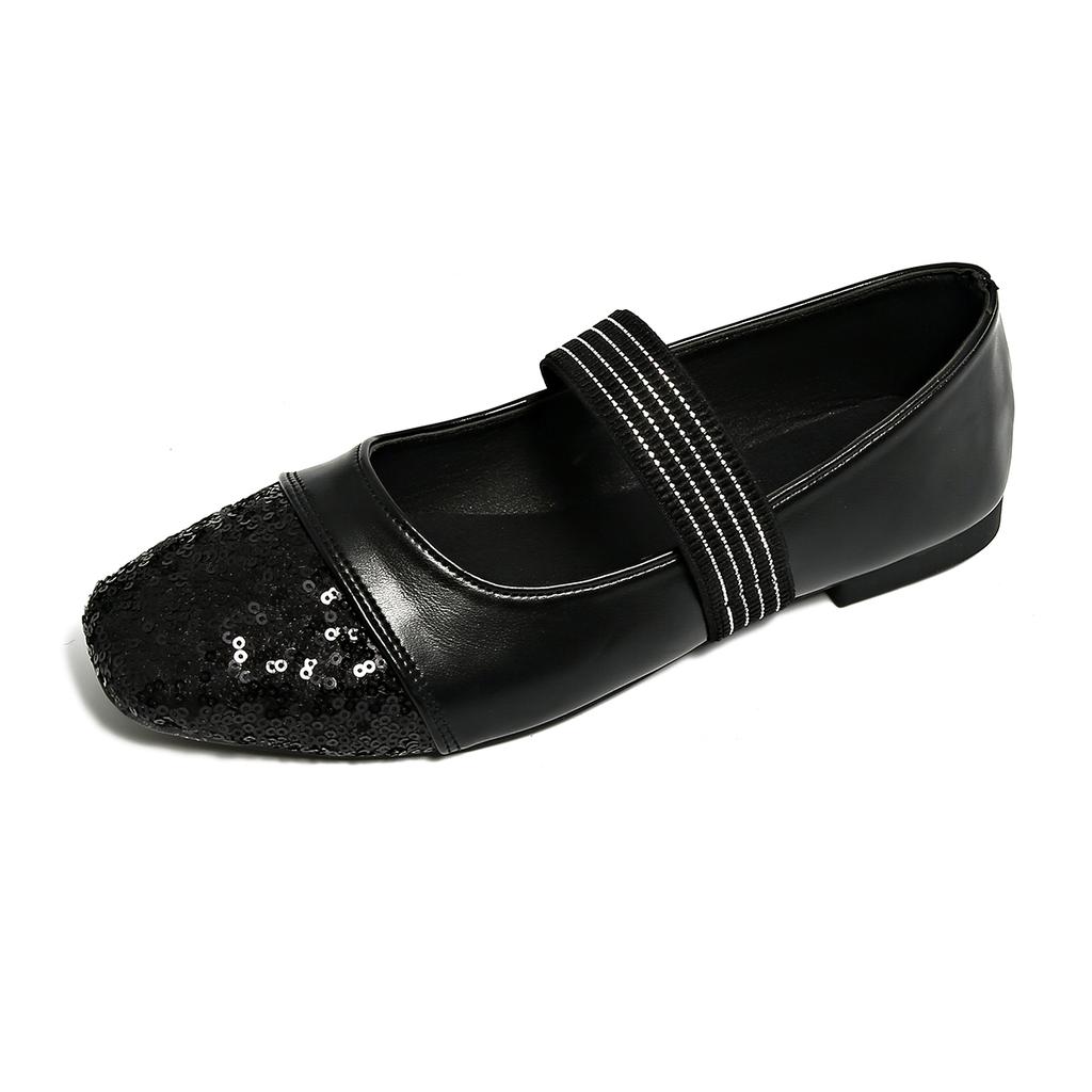 Fashion Spring New Flat Shoes Women's Square Head Shallow Mouth One Word Buckle Glitter Soft Sole Anti-slip Wear-resistant Single Shoes