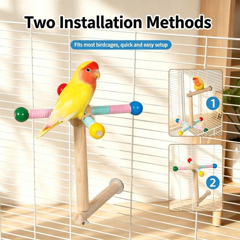 Wooden Bird Stand for Pet Birds, Tiered Rest and Play Design with Top Bar, Lower Side Rails, and Everyday Indoor Bird Use Appeal Plus