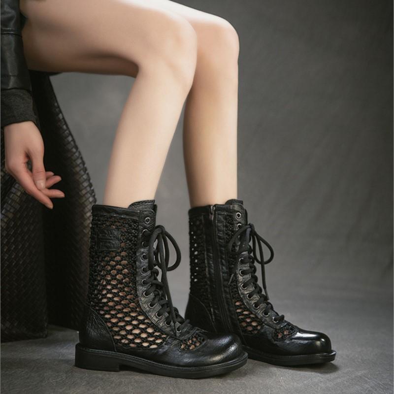 Johnature Retro Genuine Leather Hollow-out Breathable Summer Mid-calf Boots Versatile Fashion Women's Shoes
