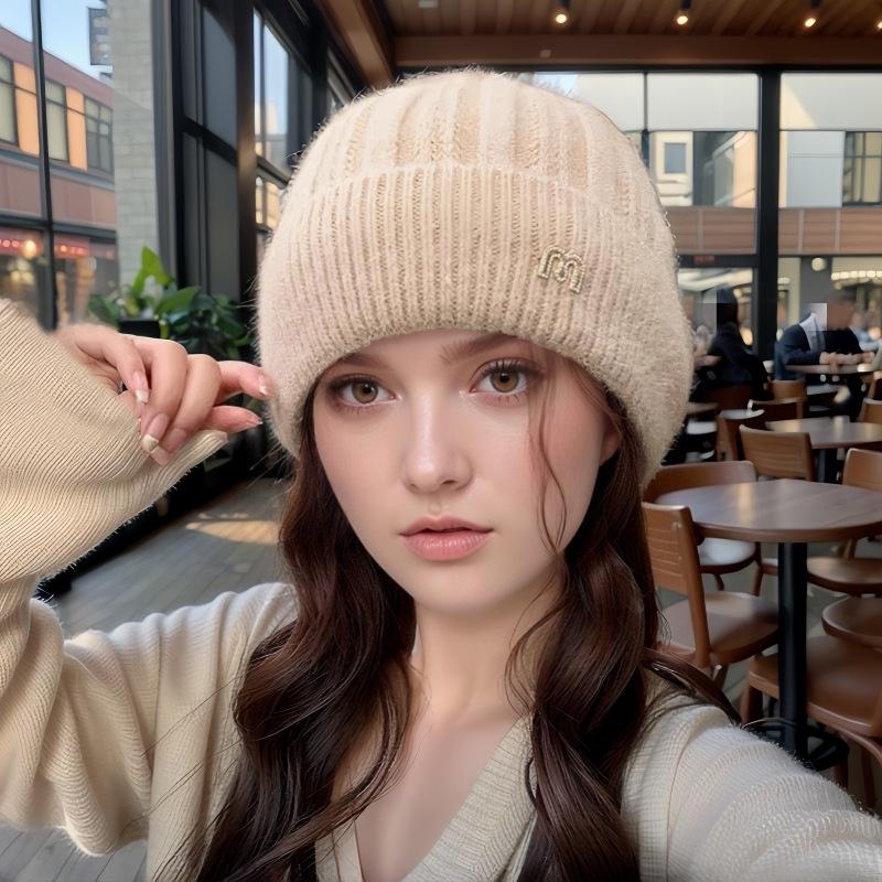 Women's Korean Fashion Mink Knitted Hat – Versatile Solid Color, Plus Velvet, Thickened, Cold-Proof Wool