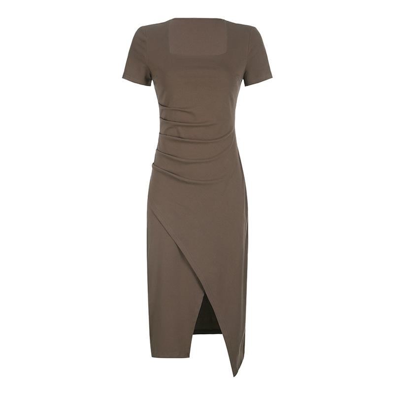 Pleated waist temperament square neck dress women's high waist thin medium and long asymmetric split skirt children's summer