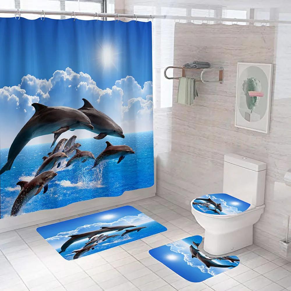 Ocean Dolphin Bathroom Set Animal Waterproof Fabric Shower Curtain Set Sea Scenery Pedestal Rugs Flannel Toilet Cover Bath Mats
