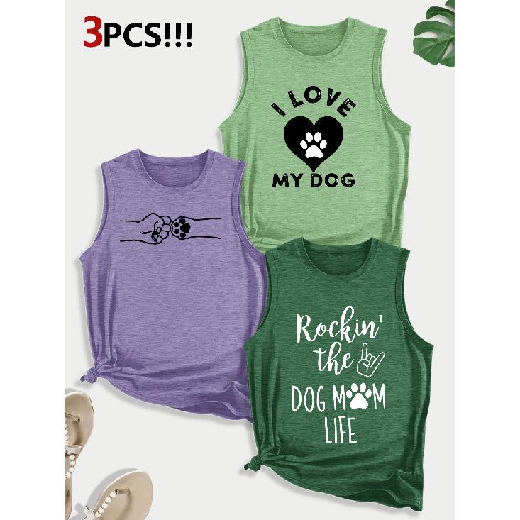 Dog Lover Paw Print Combination Gift Printed Pattern Round Neck3Pack of Sleeveless Vests for Women In Spring, Summer, and Autumn
