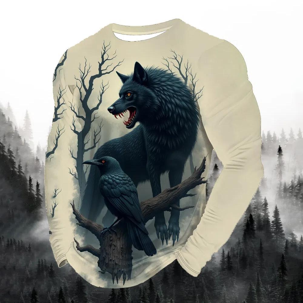 2024 men's fashion print round neck long sleeve party autumn sports casual pullover men 3d lonely wolf blue print tops