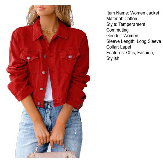 Women's Cropped Denim Jacket Casual Button Down Long Sleeve Coat Fall Spring