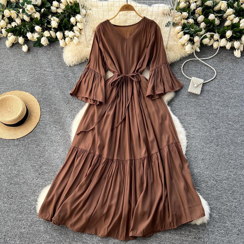 Abito Dolce Manica Svasata Scollo a V Stampa Volant Allacciato Vacanza al Mare Donne Moda Coreana Abiti Estivi