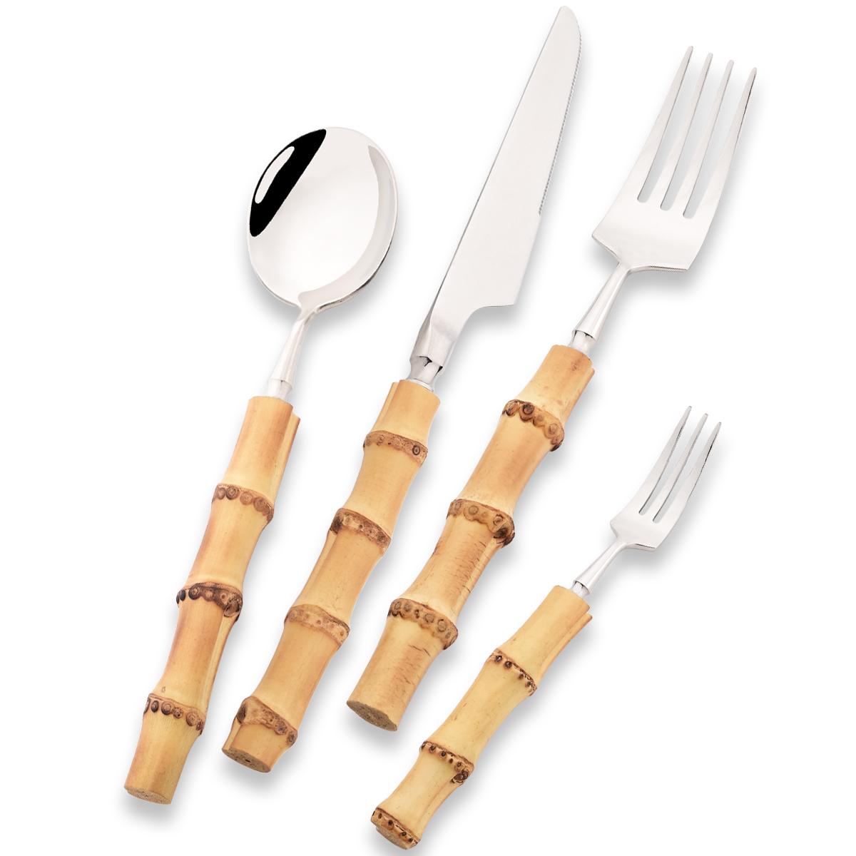 

Набор столовых приборов из 4 предметов с бамбуковыми ручками Нож Вилка Кофейная ложка Набор столовых приборов Зеркальная нержавеющая сталь Посуда для западной кухни