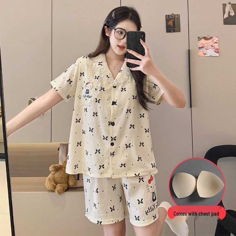 Korean Style Sweet Cloud Cotton Short-Sleeved Women s Pajama Set with Chest Pads