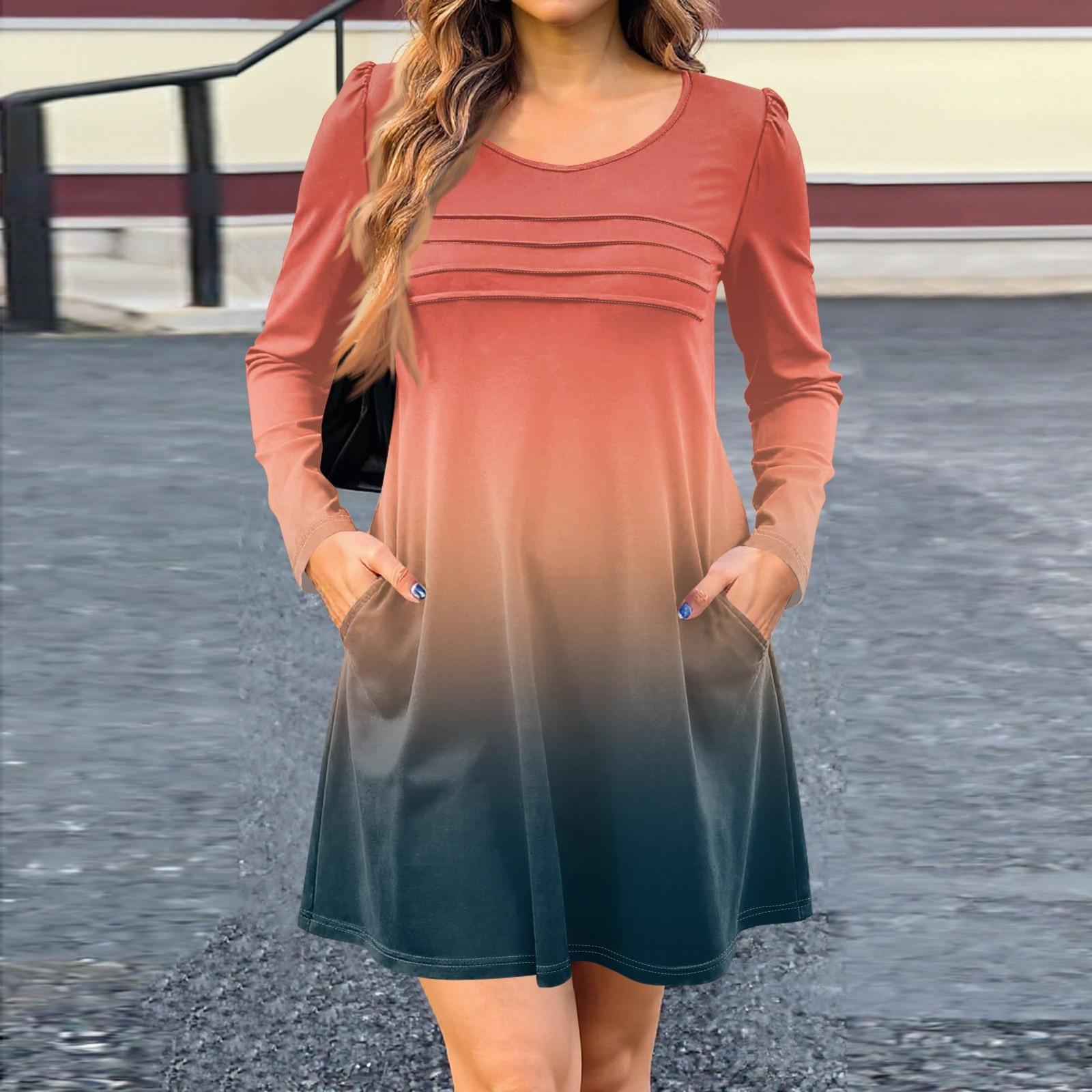 

Женское платье с длинным рукавом, осеннее повседневное, футболка, свободного кроя, с плиссировкой спереди, платья с карманами L