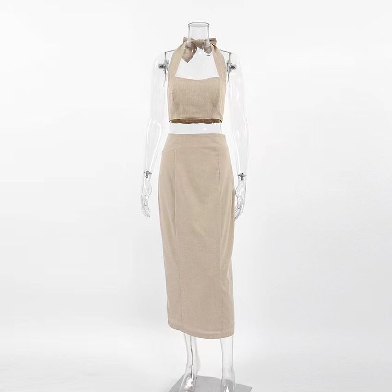 

Fashion Summer Sexy Halterneck Vest Slim Fit Long Dress Suit Sexy Tank Top Long Dress Set Khaki S