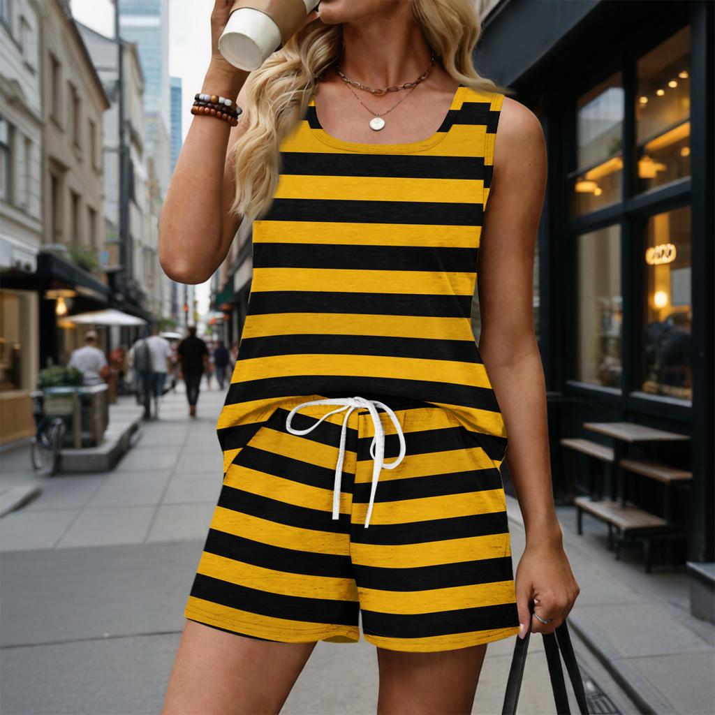 Women's Summer Casual Shorts Two-Piece Set with Striped Print Vest, Square Neck, Sleeveless Sportswear with Pockets