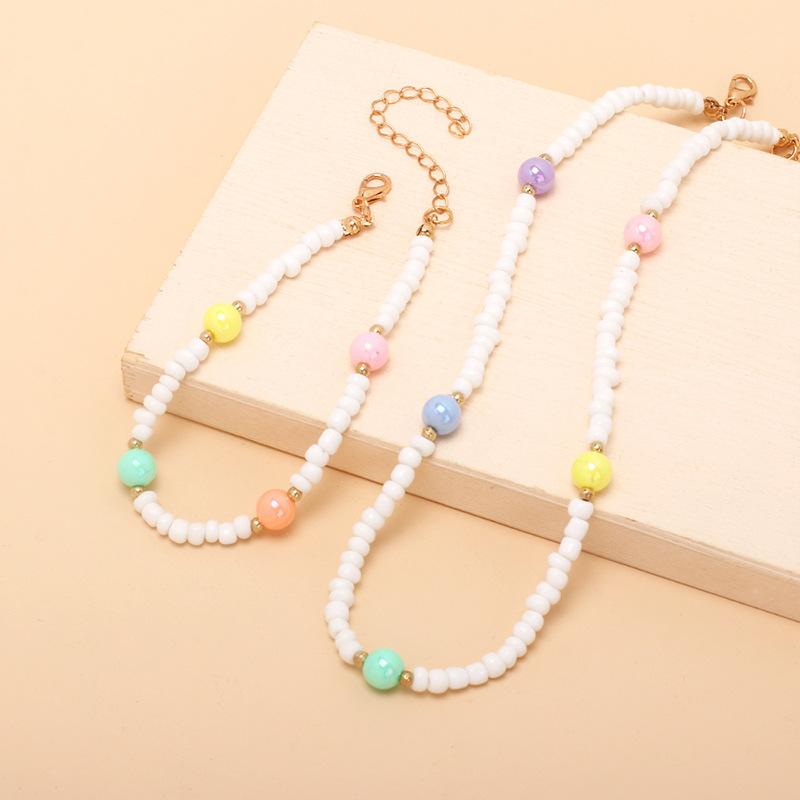 ins cold wind summer color pearl beaded necklace bracelet set, bohemian stacked neck chain