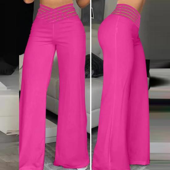 Women High Waist Long Pants Hollow Elastic Waistband Wide Leg Casual Trousers Solid Color Loose Fit Trousers