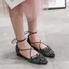 Fashion 2025 Luxury Women's Shoes Rhinestone Ballet Flats Cross-Tied Lace Up Mules Crystal Women Wedding Shoes Pointed Toe Shallow Shoes
