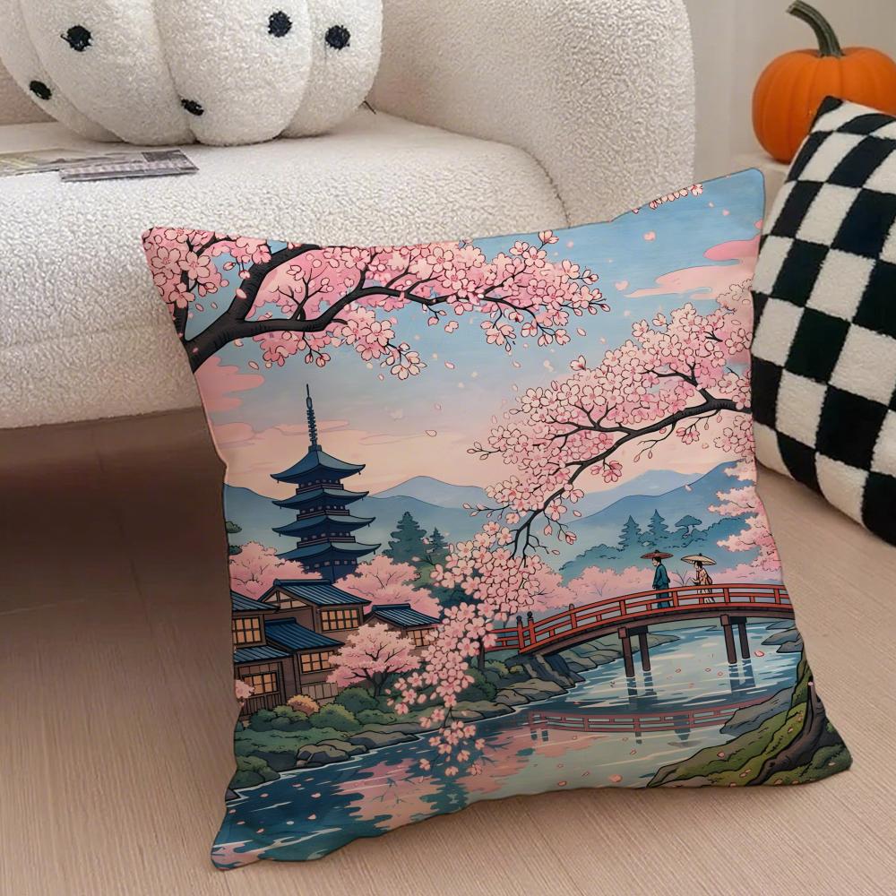 Cuscino Fiore di Ciliegio Ukiyo-E Federa per Cuscino Stile Giapponese Copricuscino per Divano Bottone Nascosto Poliestere Resistente Cuscino per Sedia