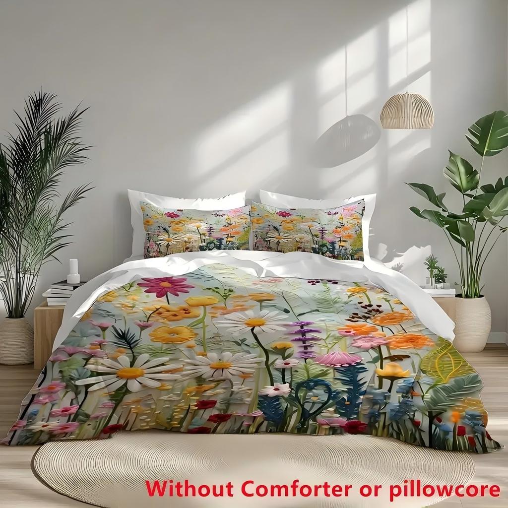 Color Oil Painting Floral Leaf 3D Print Quilt Cover Color Oil Painting Style Comfortable Spring Natural Bedding Cover Pillowcase