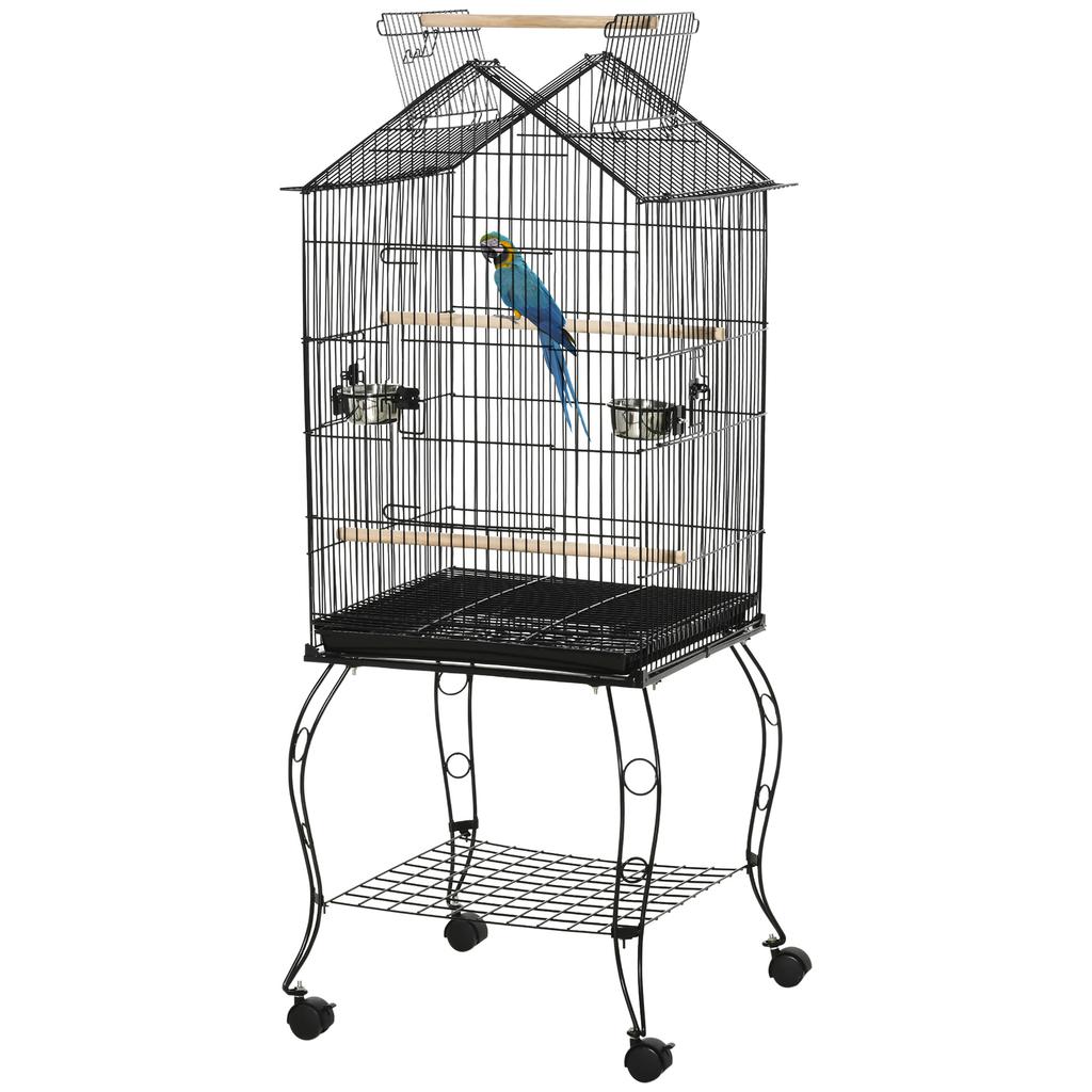 Bird Cage with Rolling Stand, Removable Tray & Feeders for Canaries Parakeets, 50x58x137-145 Cm, Black
