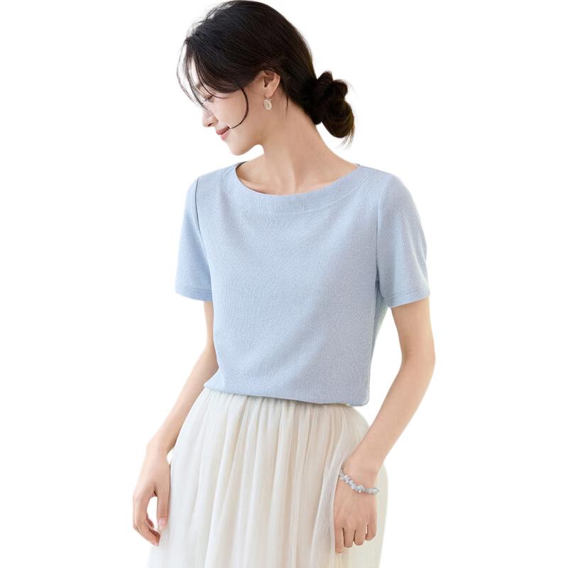 Women's Elegant Rib Knit Boat Neck T-Shirt