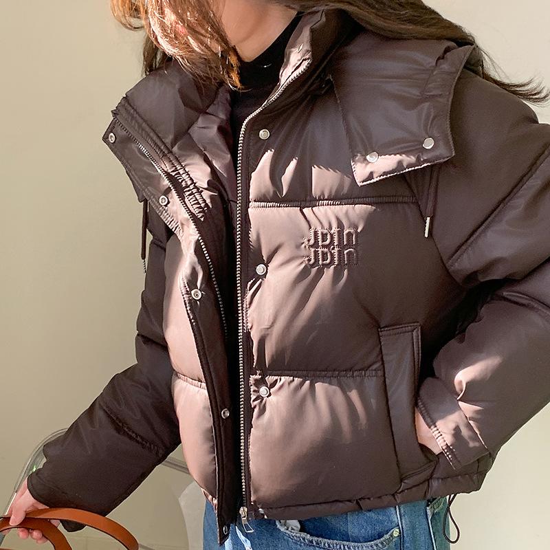 

Женская новая короткая зимняя куртка-пуховик средней длины с капюшоном, утепленная, из искусственной кожи XXL темно-коричневого