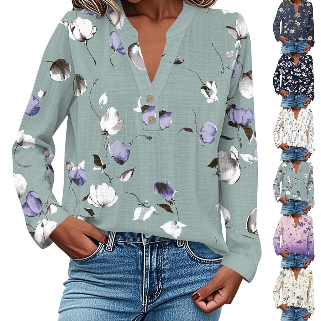 Women's Fashionable And Casual Shirt Long Sleeve V-neck Button Printed Blouse Top
