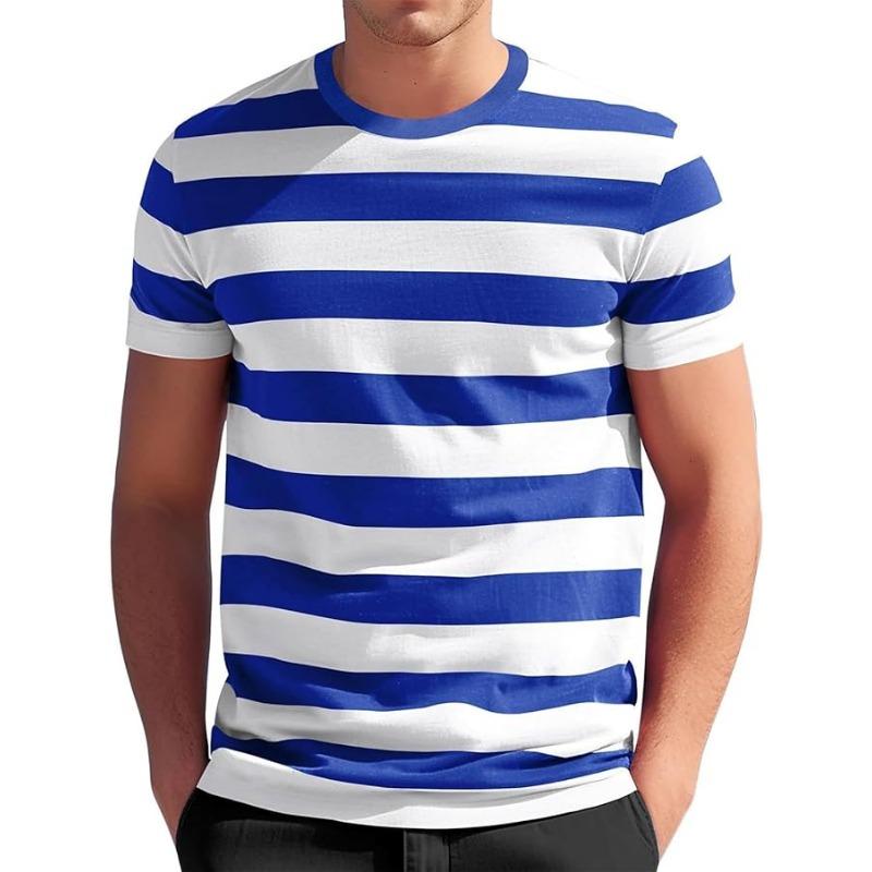 Męska koszulka w paski z krótkim rękawem, koszulki w paski z okrągłym dekoltem, klasyczne stylowe patchworkowe topy, casualowa bluzka do ćwiczeń