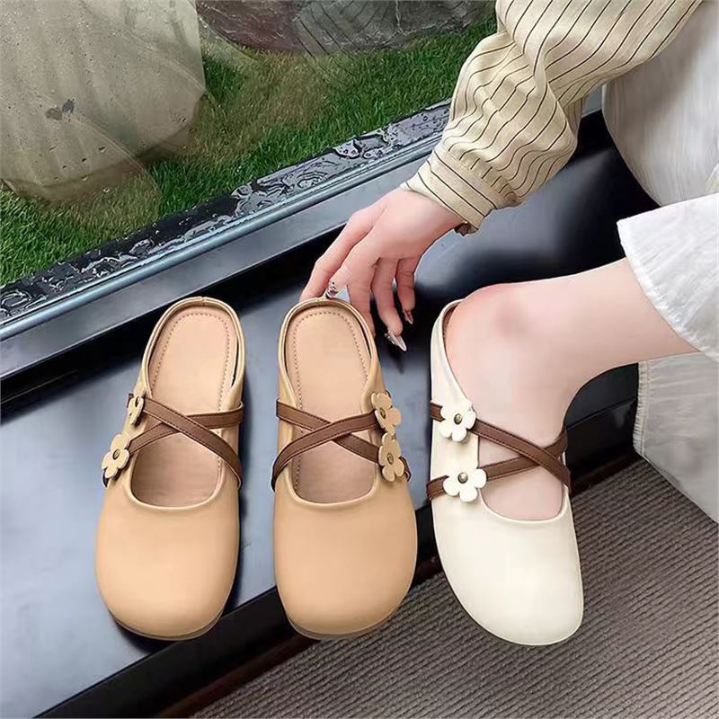 Daily versatile flower flat-bottomed lazy single shoes spring and summer new soft-soled not tired foot bag head one foot half slippers