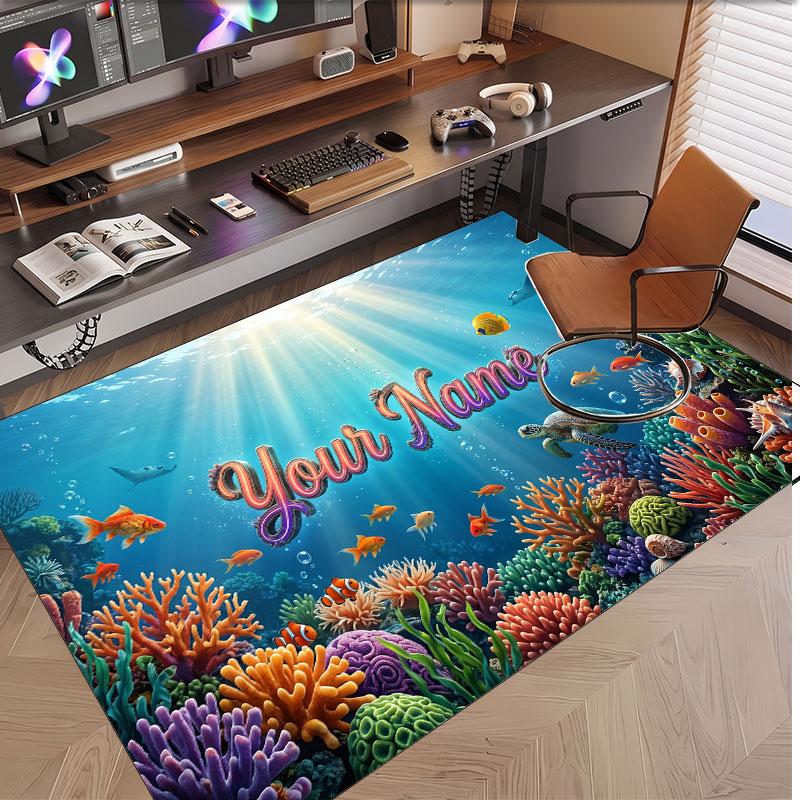 Fish Ocean Theme Soft Crystal Velvet Rug Custom Name & Text Print Non Slip Floor Rug for Bedroom Living Room