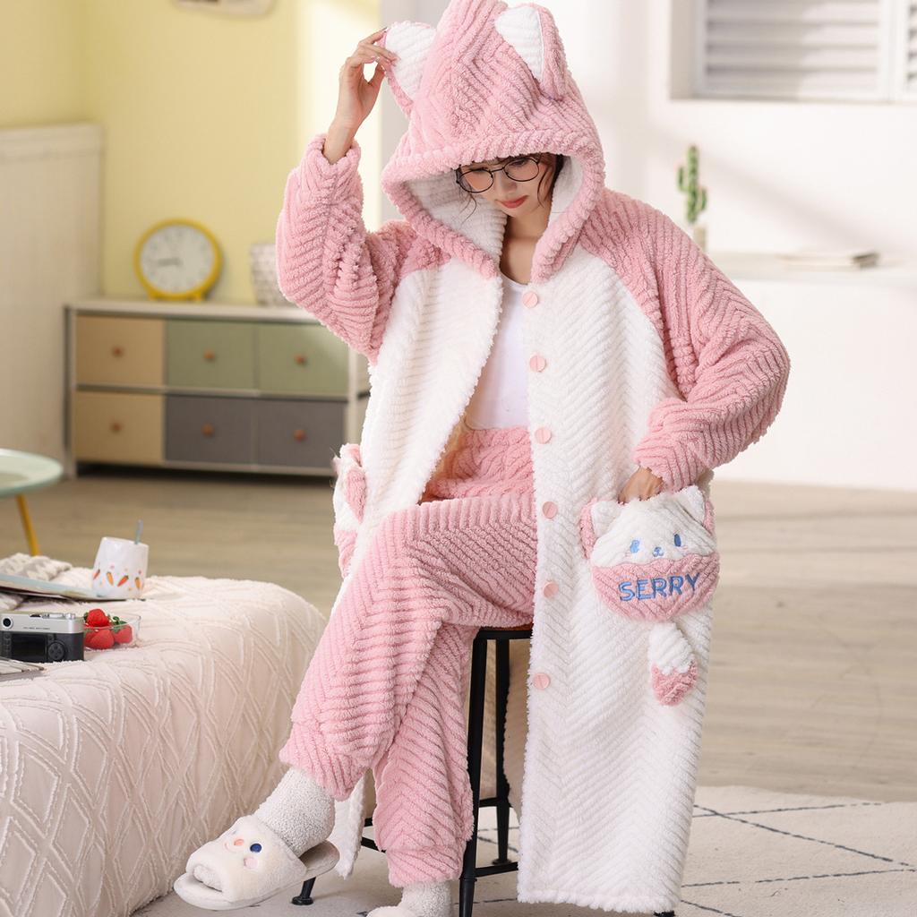 Winter Hooded Long-sleeved Pajamas and Pants Warm Flannel Pajamas Set for Women Cute Cartoon Doll Bear Role-playing Bathrobe