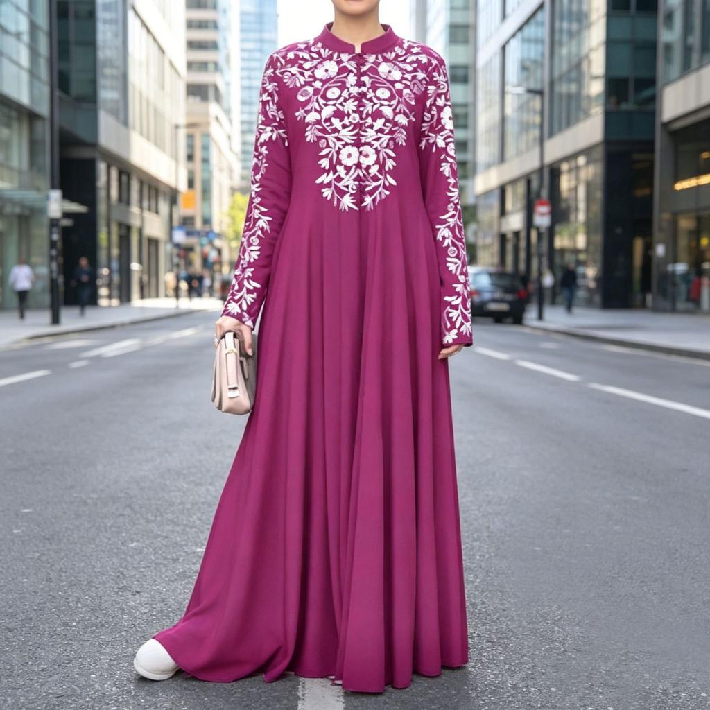2026 New Cross-border European and American Amazon Dress Ethnic Style Women's Long-sleeved Printed Stand-up Collar Big Swing Dress