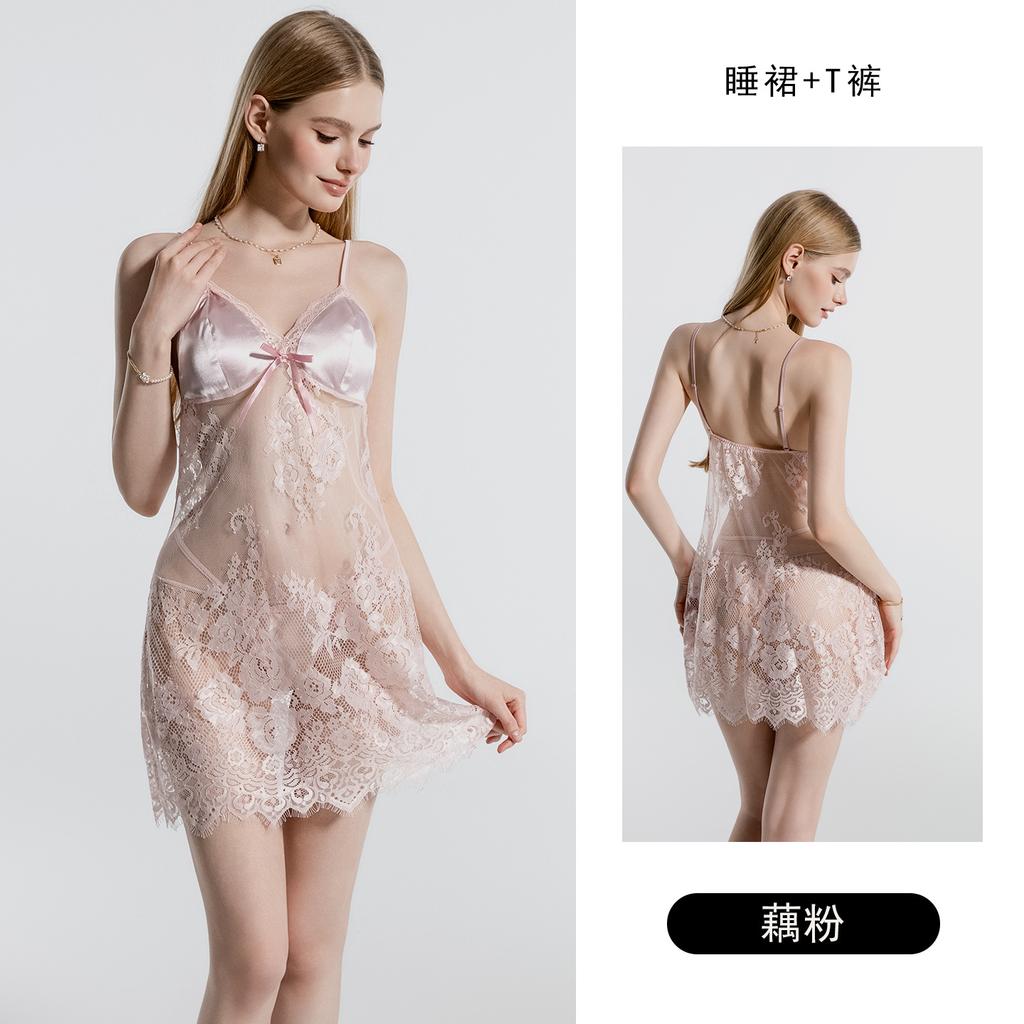 Women's Lace Sheer Deep V Padded Sleep Dress with Robe Lingerie Set