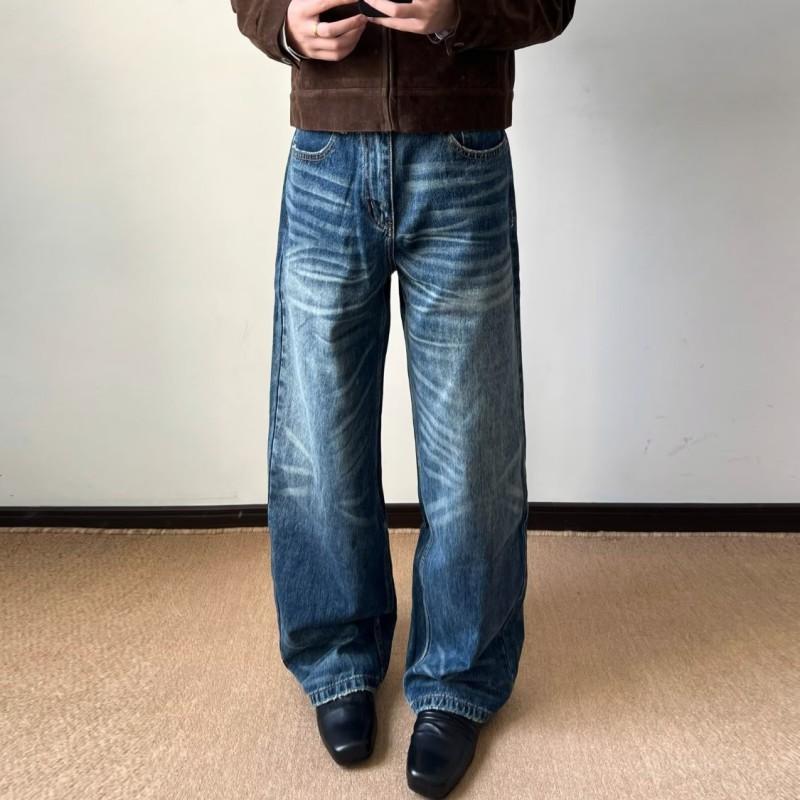 Herren Vintage Gewaschene Blaue Jeans Gerader Schnitt Locker Bequem Lässige Hose