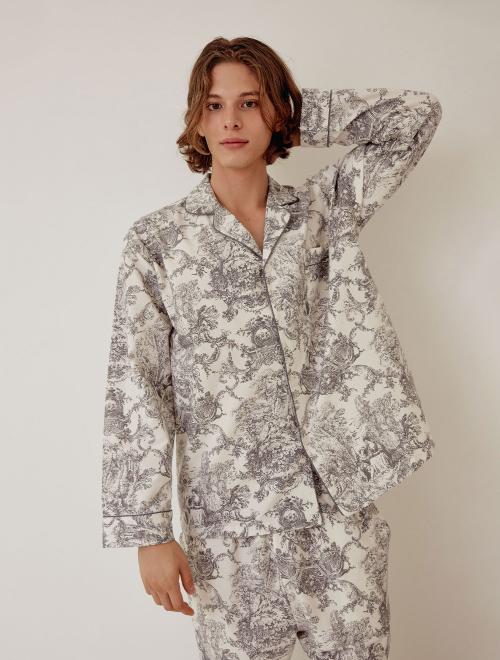 

[LUNALUZ STUDIO] Мужская двухсторонняя пижама с длинным рукавом и воротником из palace rayon и хлопка [Отправка из Кореи] 100% Оригинал Navy