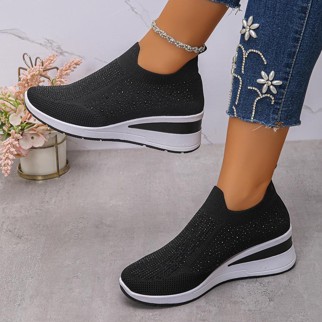 Women's Wide Width Crystallized Slip-On Sneakers - Round Toe Low Wedge Casual Shoes, Fashion Comfort Flats