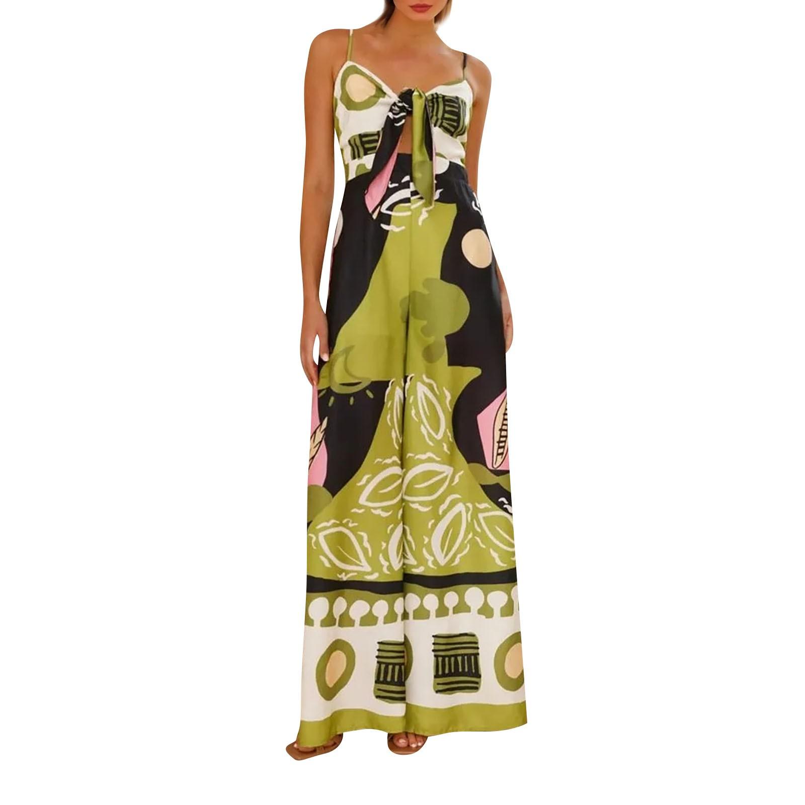 

Waisted Wrap Around Halters Bow Wide Leg Straight Jumpsuit XXL зелений