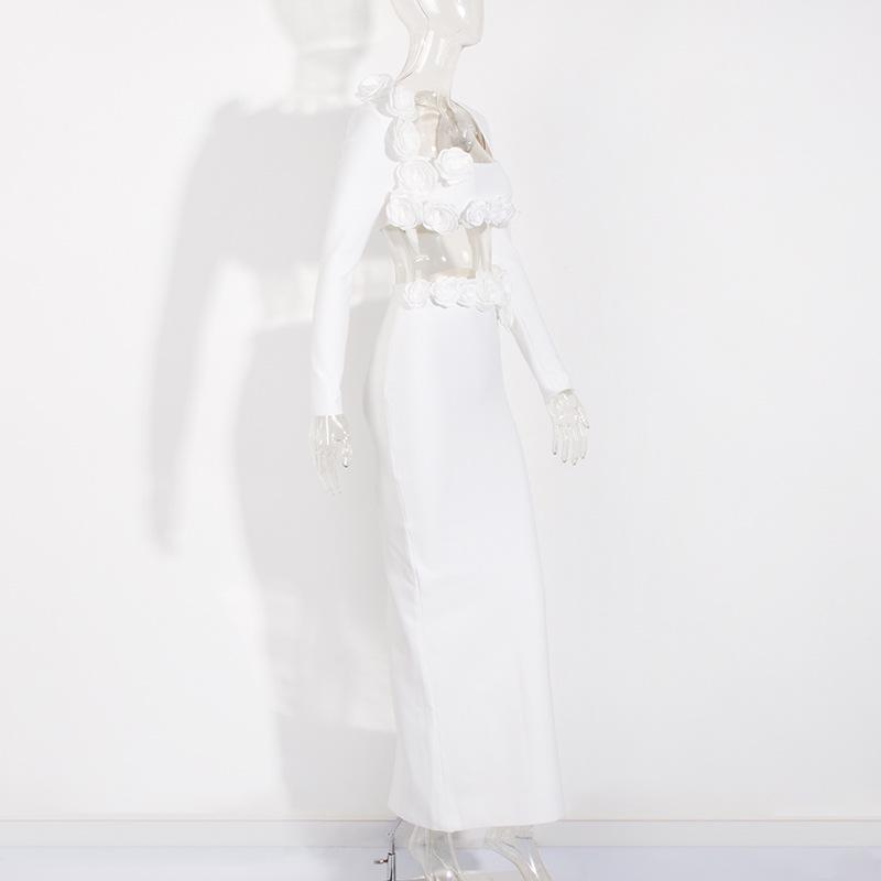 Elegant European & American Floral Long-Sleeve Top and Slit Skirt Set - Sexy Independent Design for Women