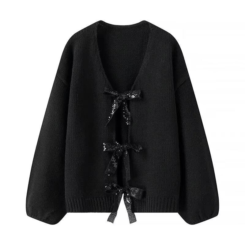 2024 Spring Fashion Bow Decor Loose Knit Cardigan