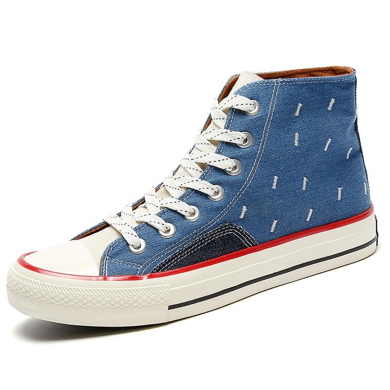 

Джинсовые лоскутные кеды с высоким верхом, контрастного цвета, парусиновые, темно-синие, с вышивкой в виде капель дождя, кеды для скейтборда, ретро, мужская повседневная обувь F005 39