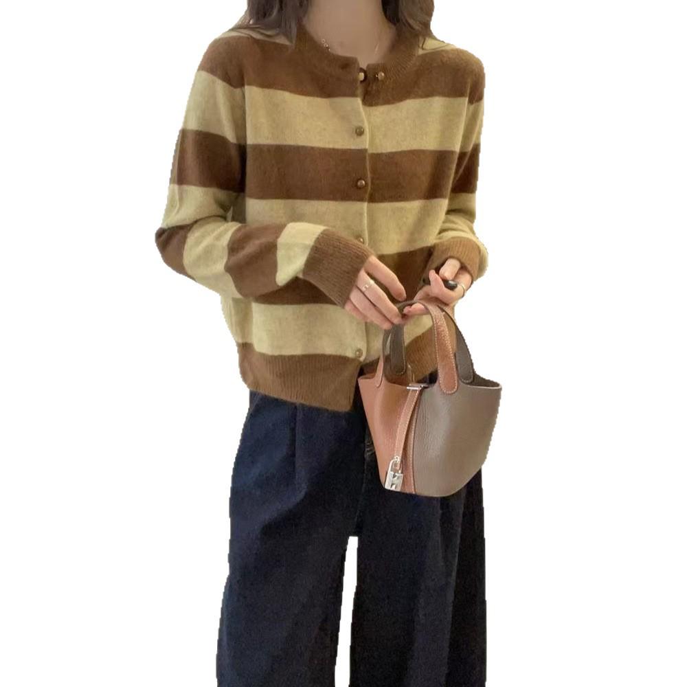Women's Color Block Wool Cardigan - Autumn/Winter Round Neck Knit Sweater with Contrast Stripes